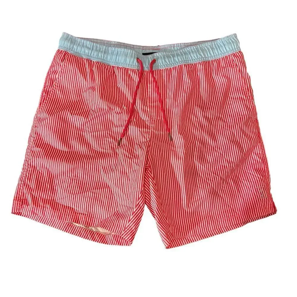 PGA TOUR Mens Board Shorts Swim Trunks Size Large Red White Stripe Blue Waist‎